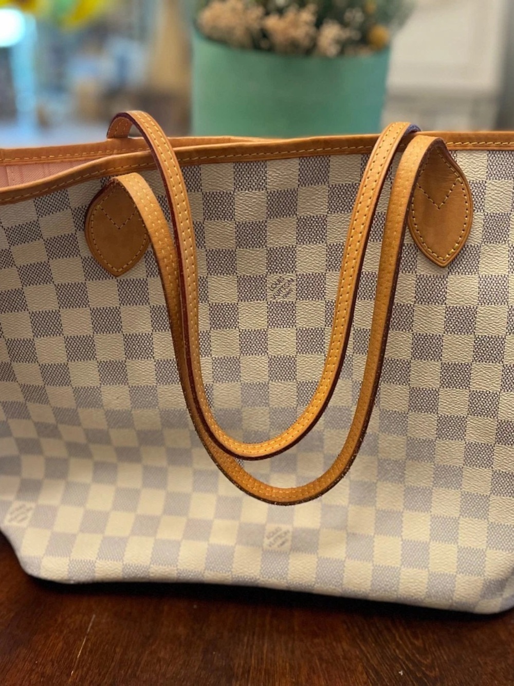 Louis Vuitton Damier Azur Canvas Tote in Cream and Tan Leather
